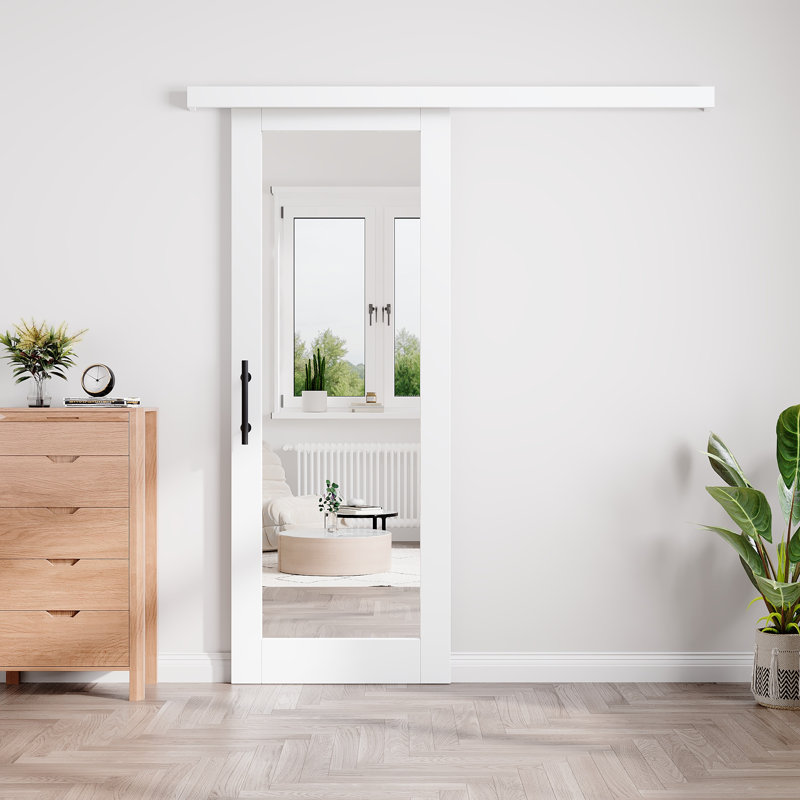 Porte de grange coulissante avec miroir en verre apprêté 1-Lite 96 po avec quincaillerie (sans assemblage requis), Standard