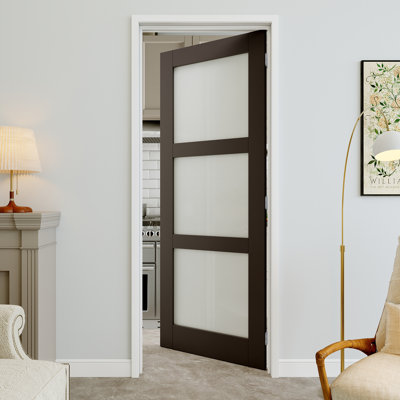 28" x 80" 3-Lite Black Frosted Glass Interior Prehung Door with Silver Hinges, Privacy Glass Door Slab, Sound-Dampening & Waterproof, Suit for Laundry, Closet Doors, Room Doors, Righ Hand