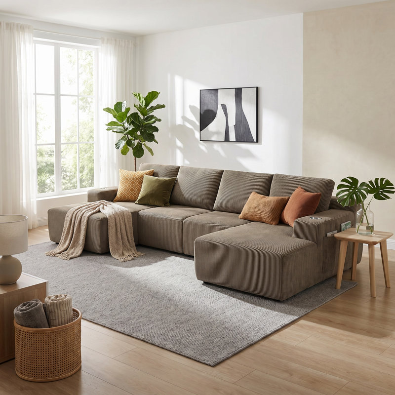 Canapé modulaire en U avec méridienne Denelle, Taupe