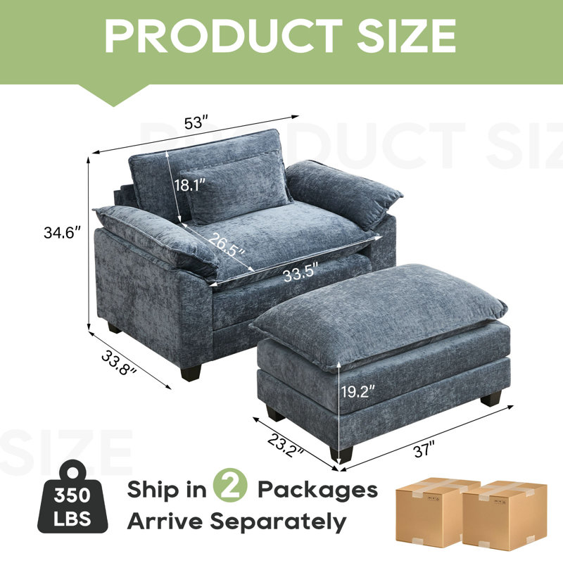 Canapé simple avec repose-pieds de 53 po Adonia Arale, Bleu