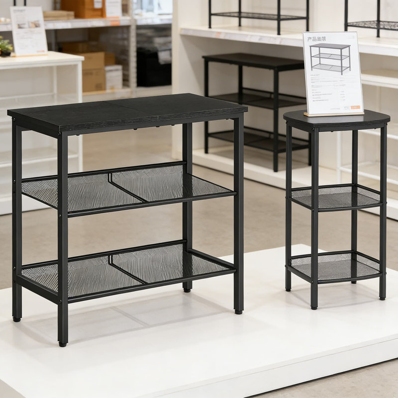 Table d'appoint étroite à 3 niveaux avec tablettes réglables, structure en métal robuste et plateau en bois pour les petits espaces, le salon, la chambre à coucher ou le couloir, facile à assembler