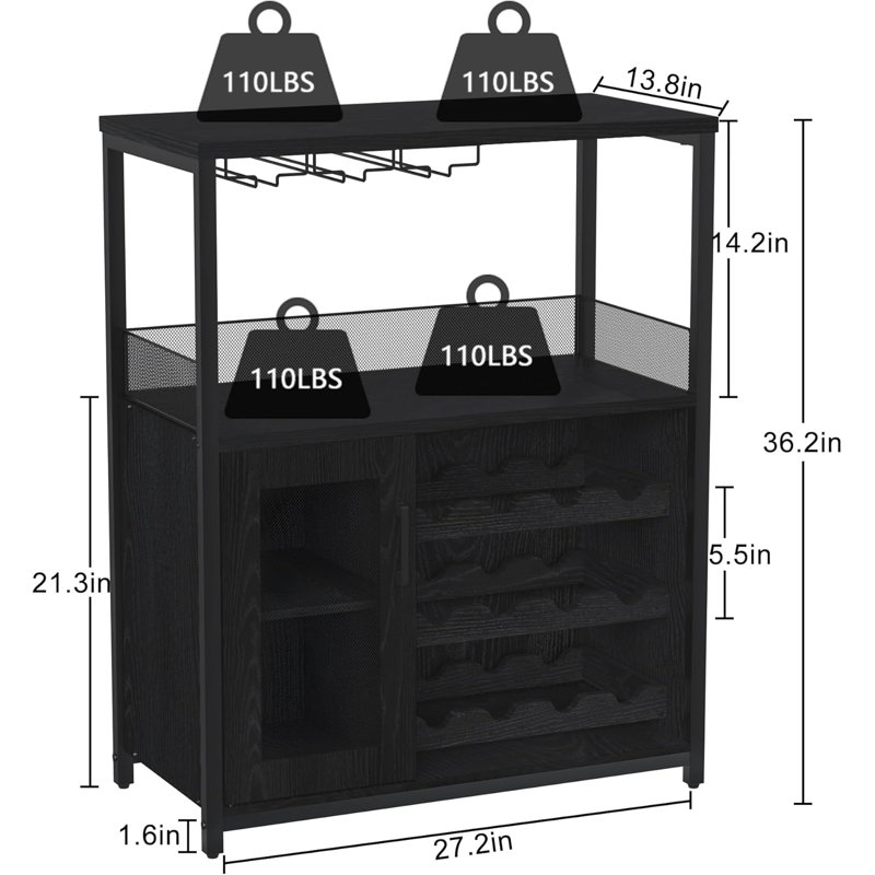 Cabinet/Enclosed Storage Wine Bottle & Glass Rack, Black