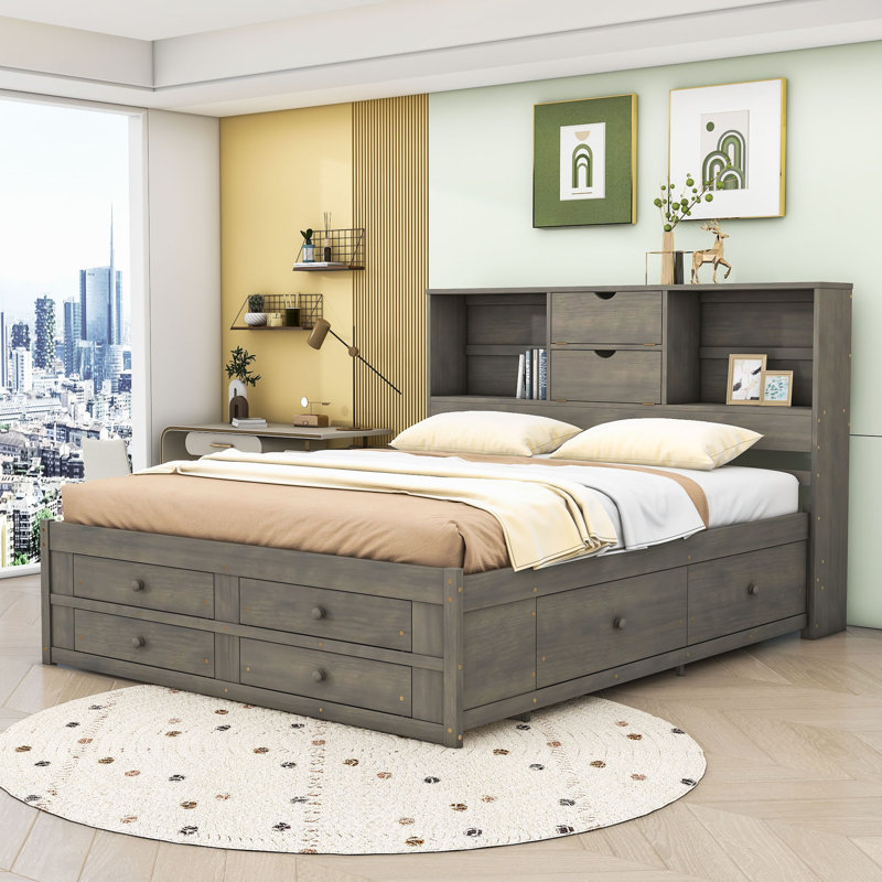 Lit plateforme très grand avec rangement pour tête de lit et 8 tiroirs Brinslee, gris