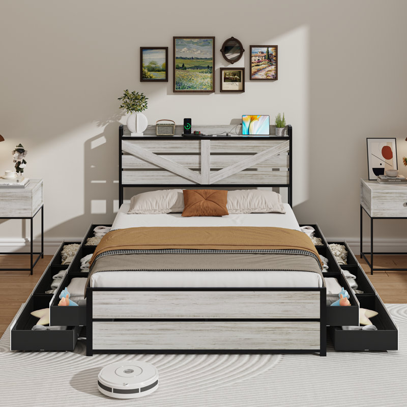 Modern Bed Frame with 12 Drawers and Open Storage Headboard,Charging Station,No Box Spring Needed, Queen, White