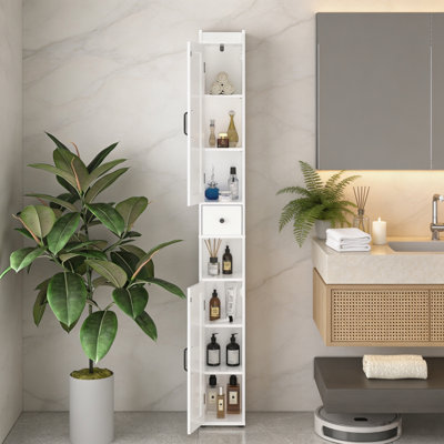 Grande armoire de rangement 67,51 po avec tablettes réglables et portes doubles, armoire mince autoportante avec compartiments ouverts et anti-basculement - Organisateur blanc pour la cuisine, le salon et les petits espaces