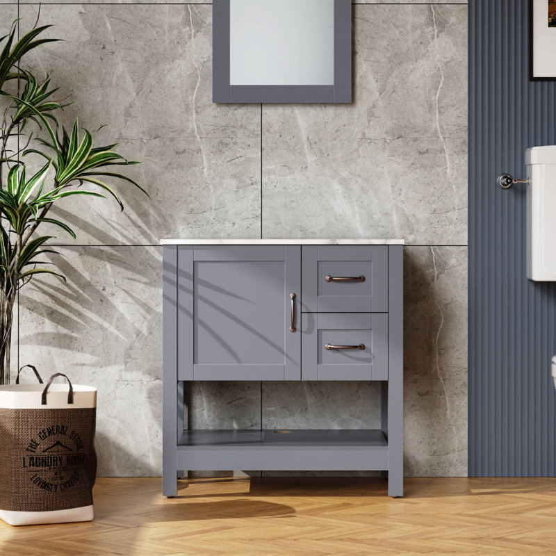 Meuble-lavabo gris 30 po - résistant à l'huile, à rayures, égratignures, bris, bleu foncé, poignée en bronze chic, pièce décorative bleue