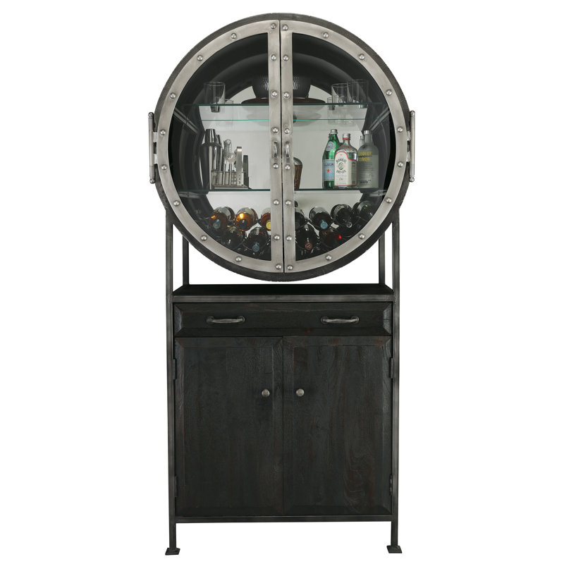 Aged Mocha Hardwood 39.75'' Bar Cabinet with Iron-Finished Frame