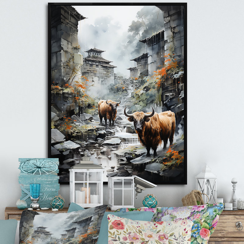 Yaks Urban visiteur - art mural sur toile Yaks, Cadre flottant noir, H 40 po x l 30 po