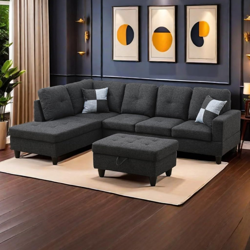 3-piece Linen Sectional Sofa, Left Hand Facing