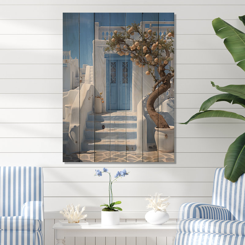 Grèce Cycladic Harmony I - impression de paysages urbains sur bois de pin naturel, H 40 po x l 30 po x P 0,78 po