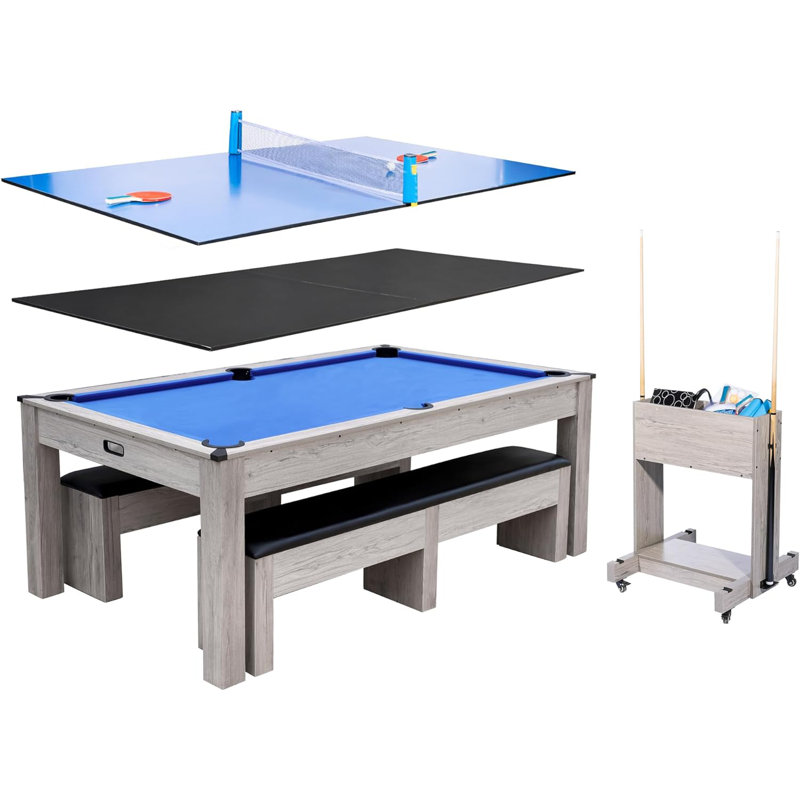 Table de billard 7-en-1 de 7 pi avec plateau repas et tennis de table, ensemble de table de billard multi-jeux avec finition grain de bois HDF, comprend des queues de billard, des balles, des raquettes de ping-pong et un chariot de rangement roulant
