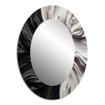 Black White Marbled Dreamscape IV - Abstract Oval Decorative Mirror On Metal