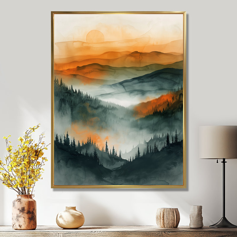 «Orange Green Forest Wilderness At Sunset III», art mural forêt, Cadre flottant noir, H 40 po x l 30 po