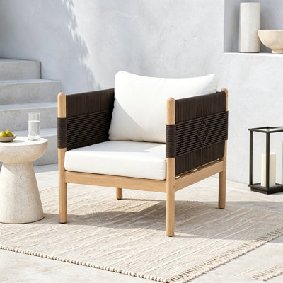Fauteuil club d'extérieur en bois d'acacia avec tissage de corde de diamant et coussins