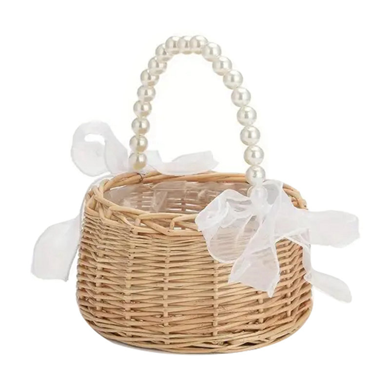1 panier de fleurs de mariage, ruban de perles noué à la main, panier de rangement tissé
