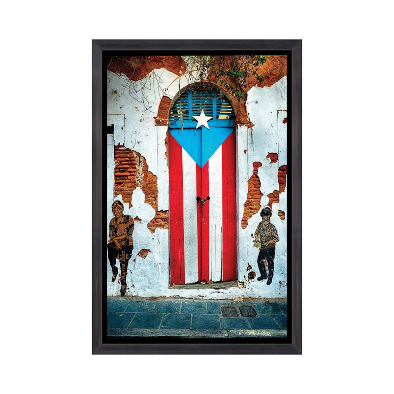 «Puerto Rican Flag Door» - Impression, Cadre noir vieilli, H 26 po x l 18 po x 1,5 po