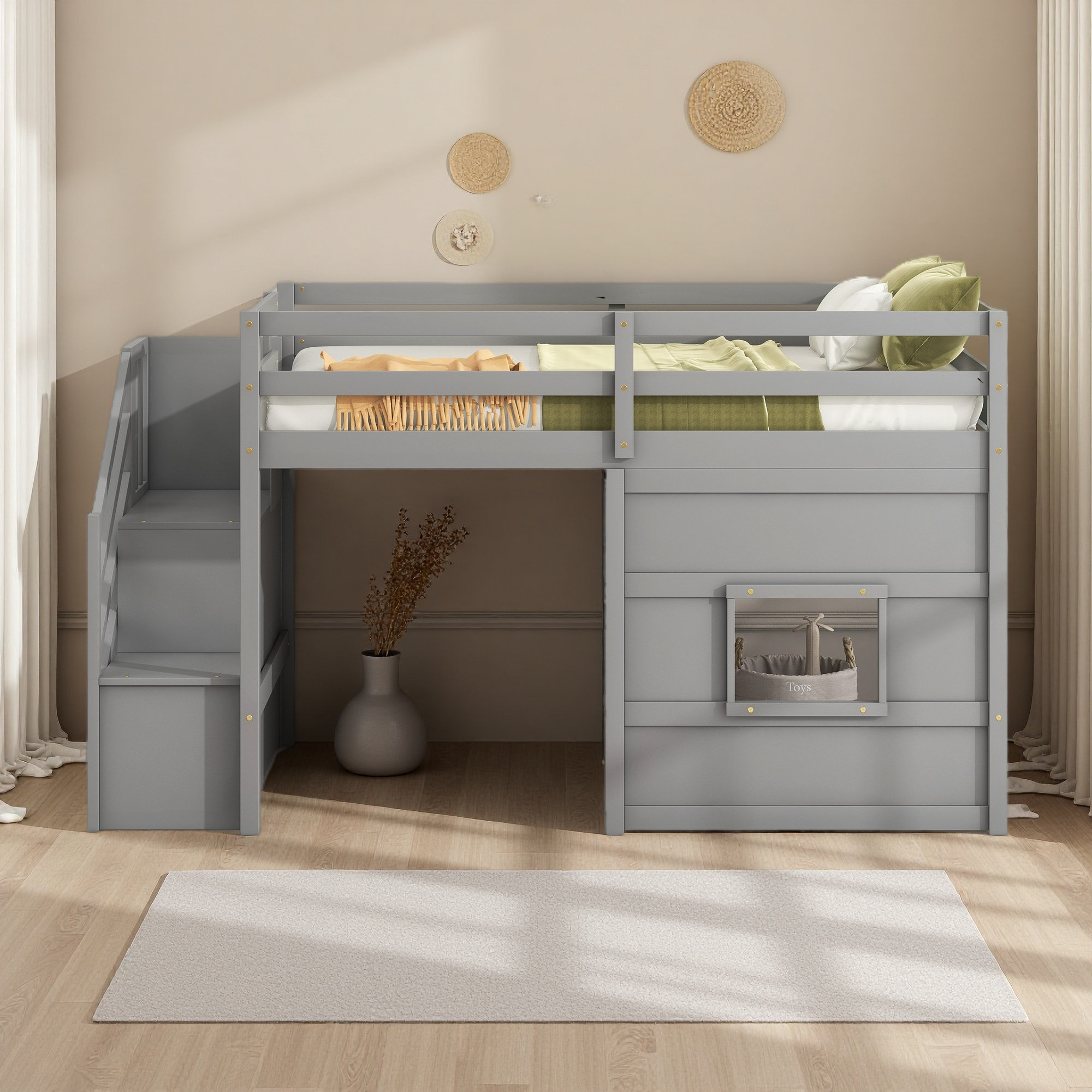 Harriet Bee Twin Size Loft Bed With Storage Staircase And Window ...