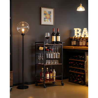 Chariot-bar, chariots de service de cuisine à 3 niveaux, station de travail industrielle sur roulettes, tablette à boissons mobile avec porte-bouteilles et porte-verres, brun rustique et noir