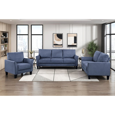 3pc Blue Upholstered With Slightly Flared And High - Density Structure Contemporary In Arms Solid Wood
