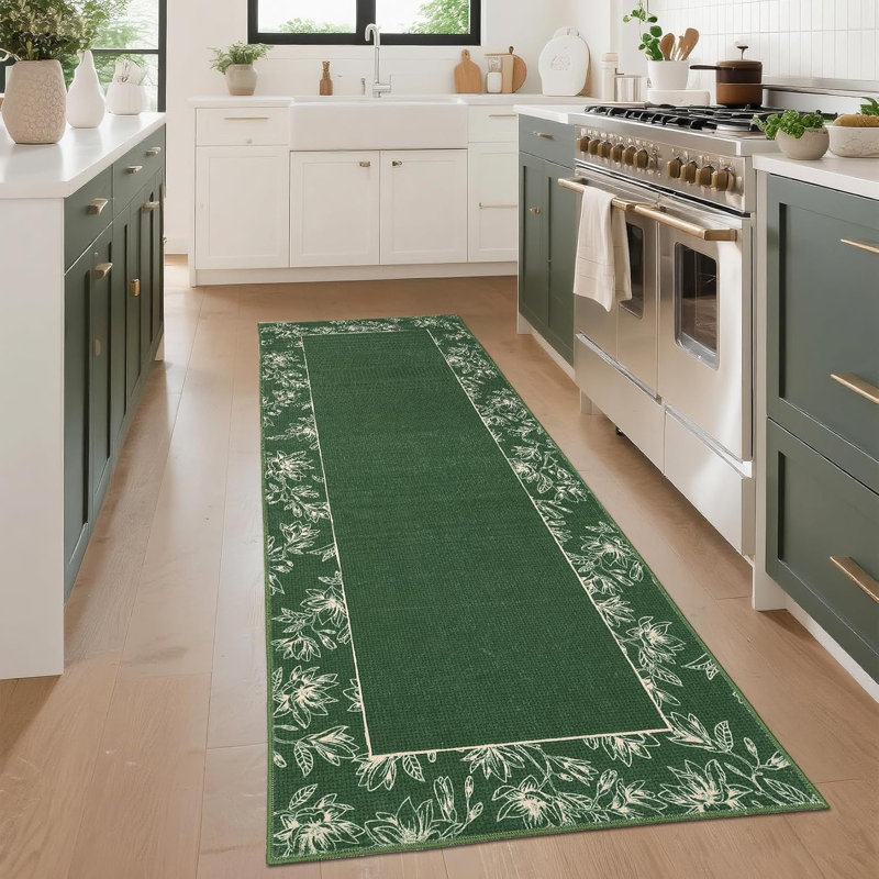 2x6 Washable Modern Bordered Hallway Rug, Non-Slip Low Pile Abstract Floral Runner for Kitchen, Laundry, Entryway, Linen