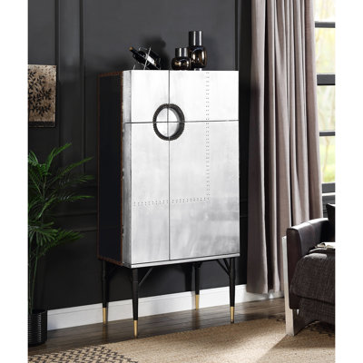 Armoire à vin en aluminium argenté et contreplaqué, 4 portes, 3 compartiments de rangement, porte-gobelets, 2 tiroirs avec tiroir coulissant à fermeture automatique à extension complète en contreplaqué