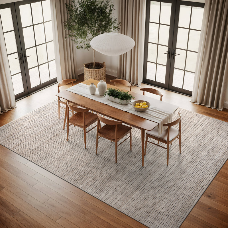 Tapis rayé beige texturé à rayures, Rectangle 7 pi 10 po x 10 pi