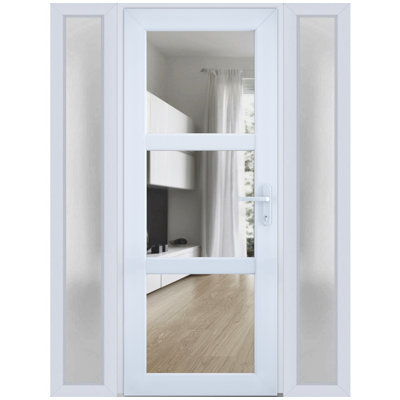 Front Exterior Prehung FiberGlass Door Clear Glass See-through / Manux 8555 White Silk Clear Glass / 2 Side Exterior Windows / Office Commercial and Residential Doors Entrance Patio Garage-W16+30+16" x H80"-Right-hand Inswing