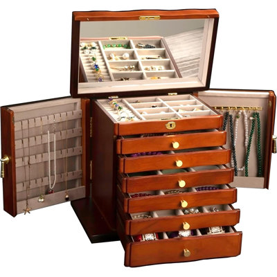 Boîte à bijoux en bois pour femme avec support à collier, grand organisateur de bijoux à 9 couches et boîte de rangement, boîte à bijoux en bois massif fabriquée à la main avec plusieurs compartiments