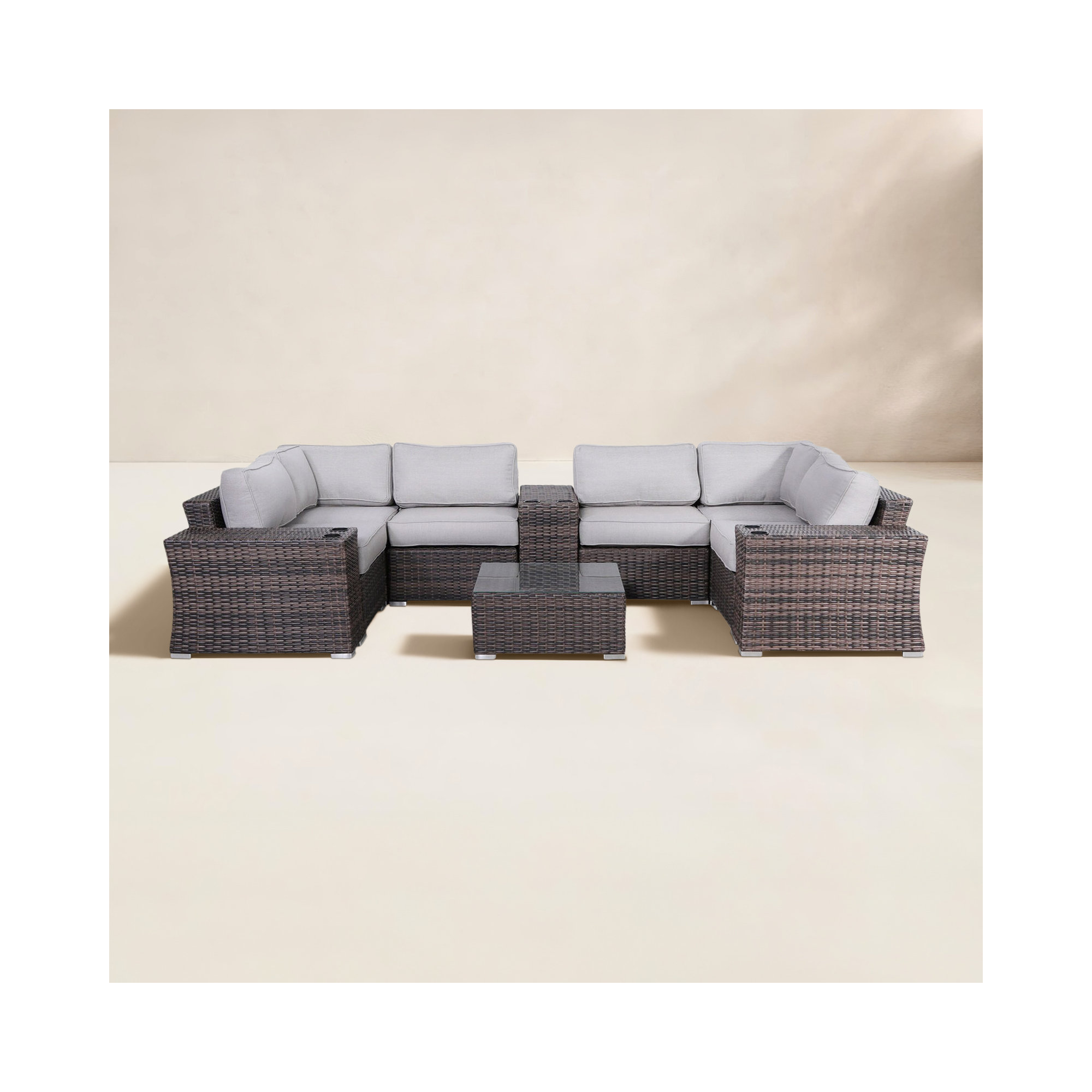 Saffi Fully Assembled 10 Piece Sectional Seating Group with Cushions, Olefin Gray, Brown