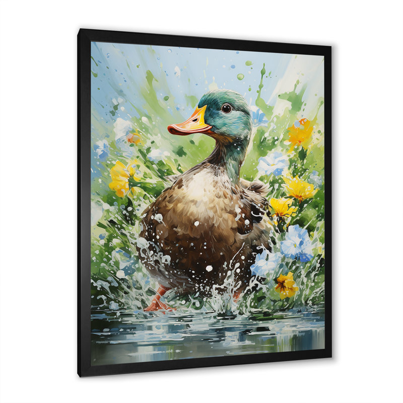 «Duck Springtime Splash Blooms», art mural canard, Cadre simple noir, H 20 po x l 12 po x P 1 po