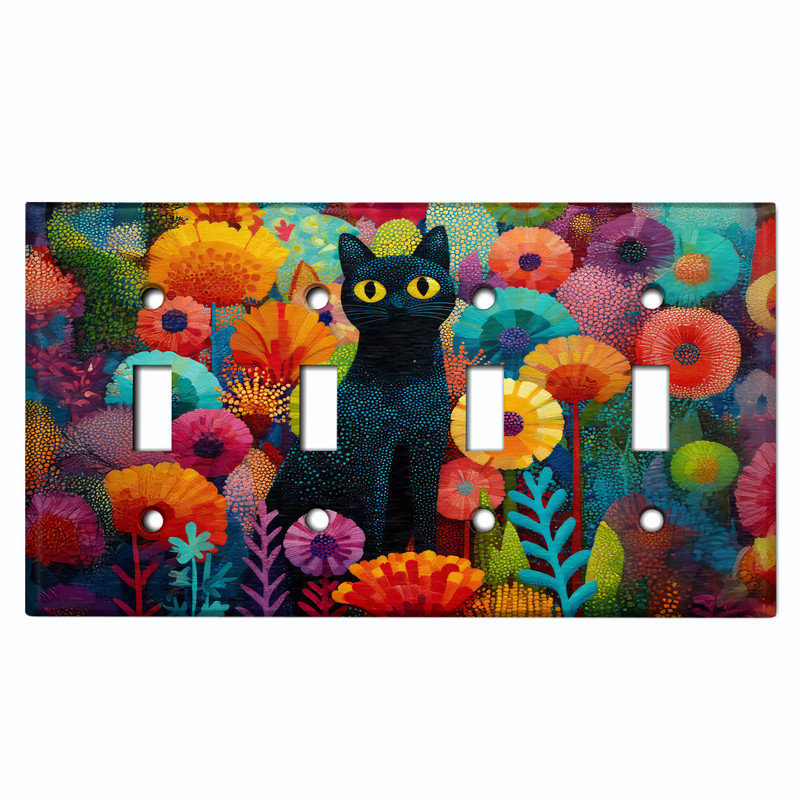 Couvercle de plaque d'interrupteur en métal; Bascule à 4 bandes US standard - Fleurs vibrantes et chat noir, #4 Quad Toggle