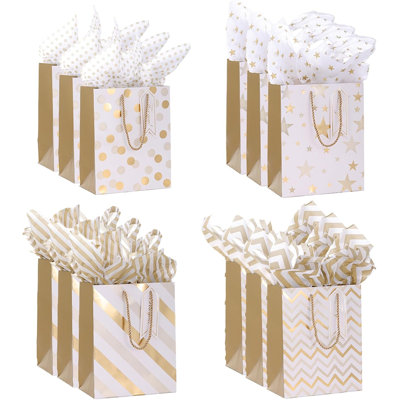 12Pcs White Gold Medium Gift Bags with Handles,9",Include Tissue Paper, for Party, Wedding, Baby Shower & Holiday Presents