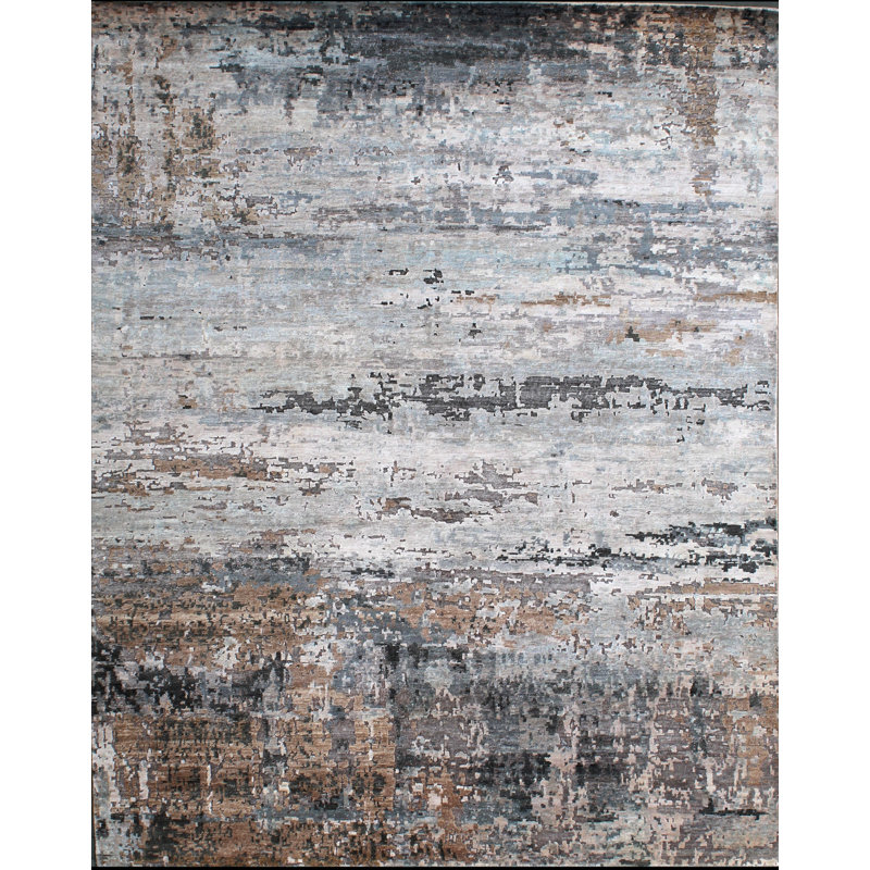 Tapis gris et argent noué à la main de haute qualité, Rectangle 10 pi x 14 pi