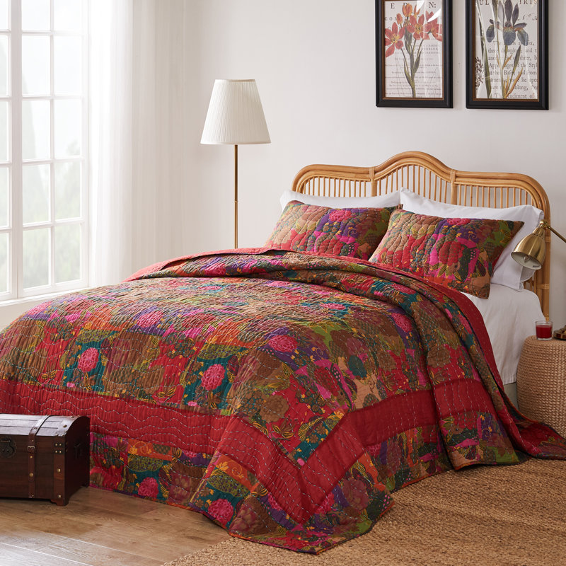 Greenland Home Fashions Jewel Red 3-Piece King Size Quilt Set 105x95 + 20x36 (2), King Quilt + 2 Shams, Red