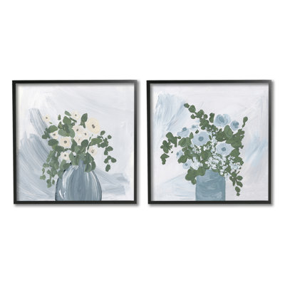 Painterly Blue Daises Flowers Plants Vase Abstract Florals par Lucillie Price - ensemble de 2 peintures