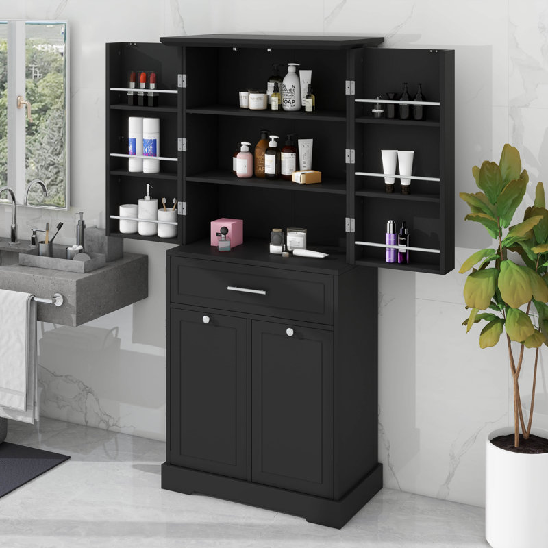 Unité de rangement de salle de bain autoportante avec portes, tiroirs, panier à linge et tablette personnalisable, Noir