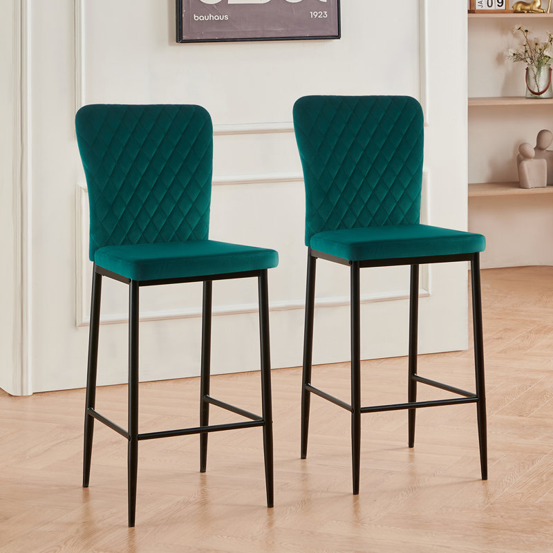 Velvet/Suede Fixed Height Bar Stool With Diamond Tufted Back   , 2, Velvet Green
