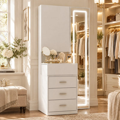 Bureau de maquillage avec miroir éclairé réglable, rangement pour bijoux caché et tiroirs, coiffeuse moderne