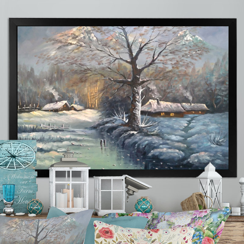 " Winter Lake House Unders Winter ", Black Picture Framed, 8" H x 12" W x 1" D