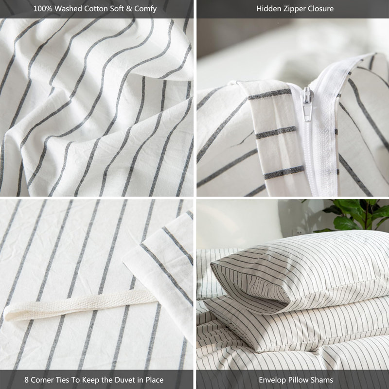 Oversized Queen White Striped Cotton Duvet Cover Set
