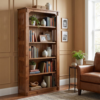 5-Tier Solid Wood Bookshelf, 71" Tall Farmhouse Open Bookcase, 35.4" Wide Freestanding Book Shelf with Storage for Study Room, Living Room, Library, Walnut Brown