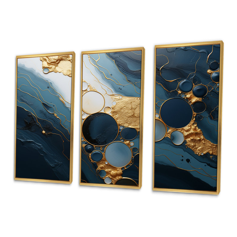Or et marbre bleu Essence magique III - décoration murale en marbre, Cadre flottant doré, H 28 po x l 36 po x P 1 po