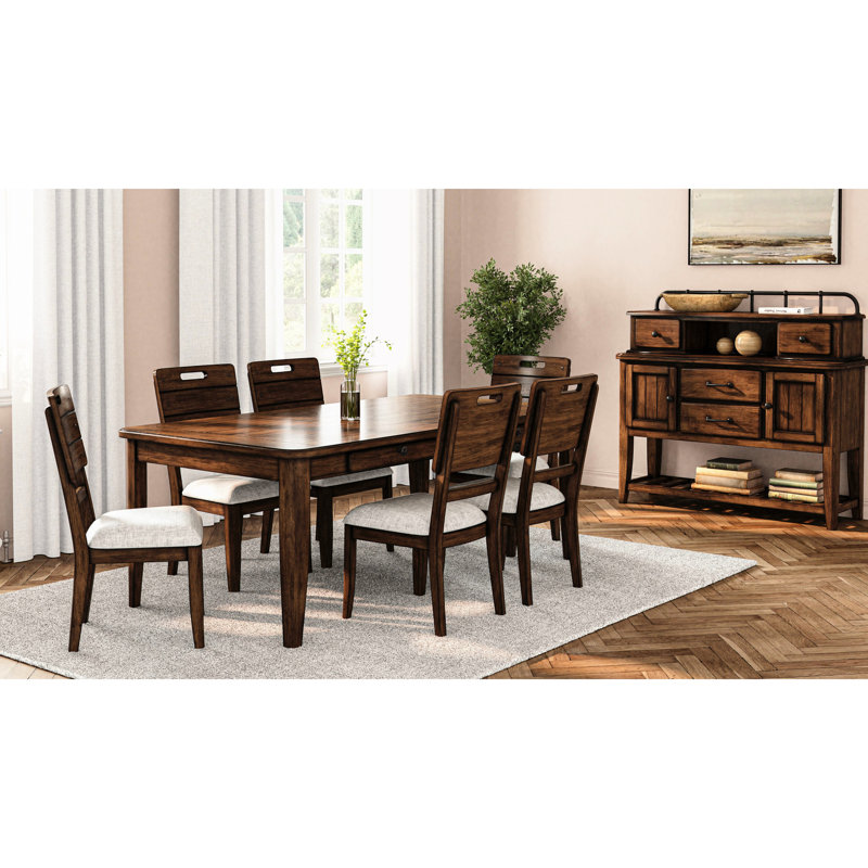 Casual Dining Table With Four Storage Drawer Units In Brown - Solid Wood Construction Practical Compartments Transitional