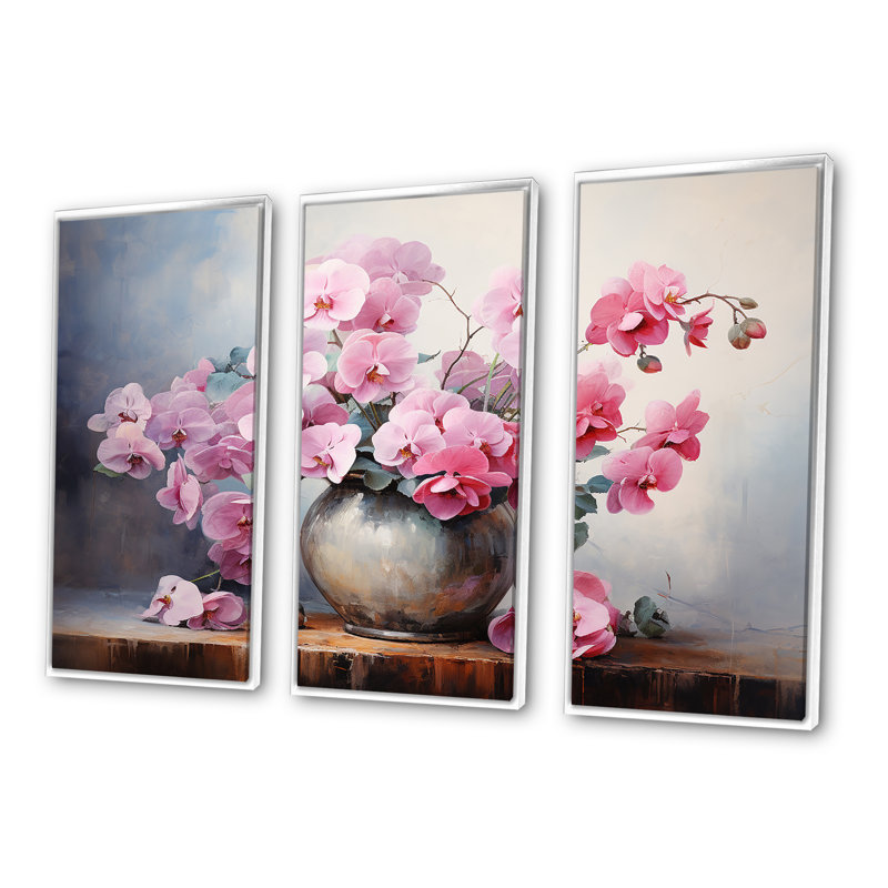 «Pink Soft Grey Pansy Vase Elegance - Pensies», ensemble d'art mural, Cadre flottant blanc, H 32 po x l 48 po x P 1 po