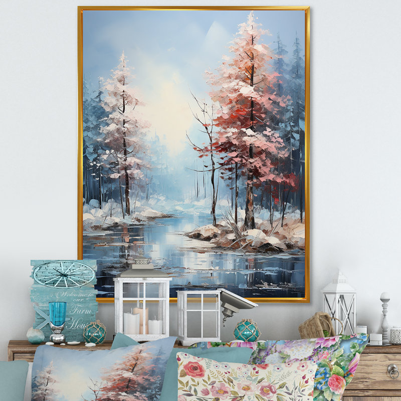 Lac en hiver, forêt, paysage - forêt, art mural, Cadre photo noir, H 44 po x l 34 po x P 1,5 po
