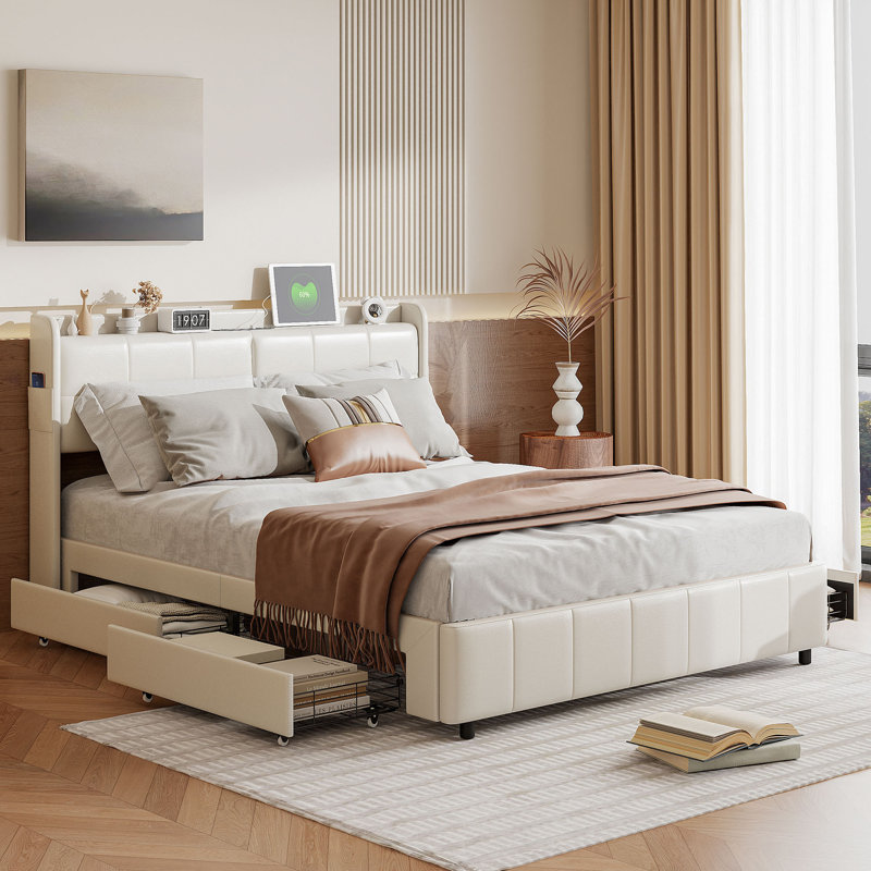 PU Upholstered Bed With USB Charging Ports And 4 Storage Drawers, European Kingsize (160 x 200 cm)