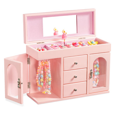 Boîte à bijoux musicale, boîte à bijoux en bois avec miroir, étui de rangement à bijoux à 3 couches pour bracelets de boucles d'oreilles, rose