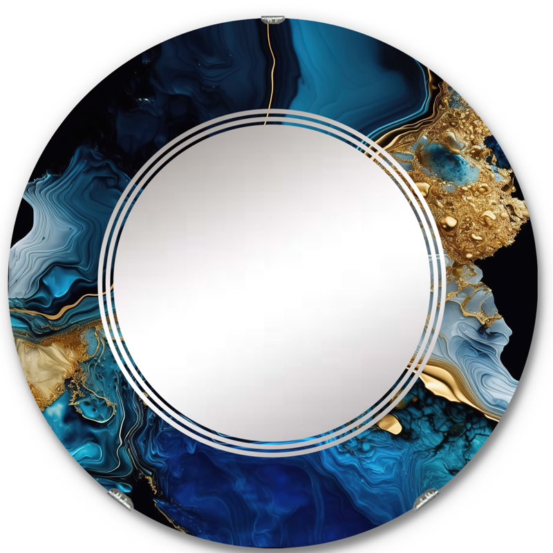 Abstrait Geode Gold and Blue Marble IV - Miroir mural abstrait en marbre, 24 po x 24 po