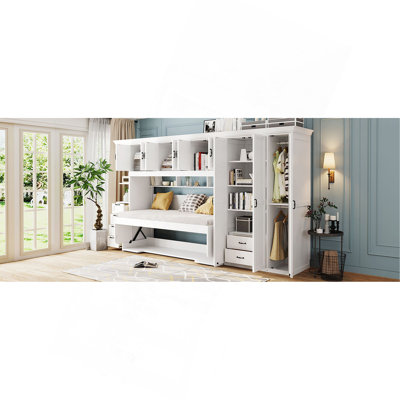 Lit escamotable simple avec armoire murale, armoire et bureau