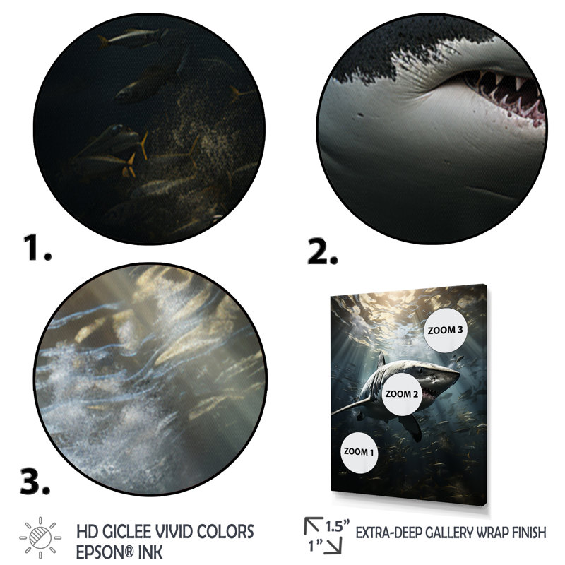 Grand requin gris, la majesté - animaux marins, art mural, Cadre simple noir, H 44 po x l 34 po x P 1,5 po